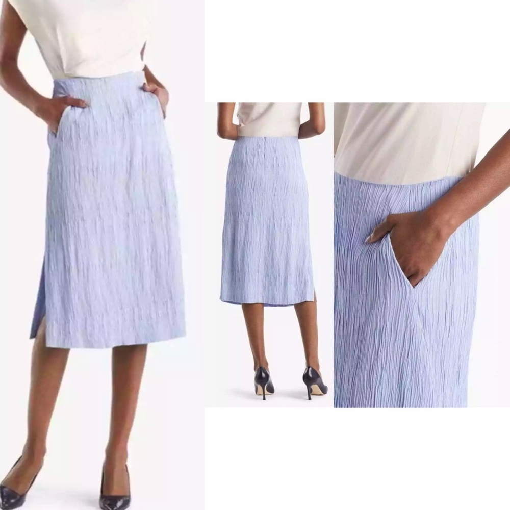 M.M. LaFleur Willoughby Pleat Jersey Skirt Chambray Blue Gray Grey SZ 14 Pockets